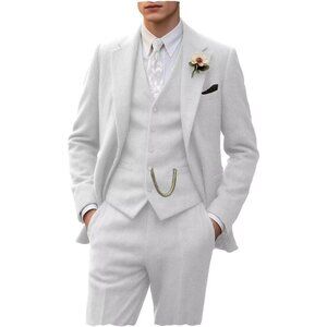 Men's Silver 3 Piece Slim Fit Herringbone Suit Groom Tuxedo Wedding Set